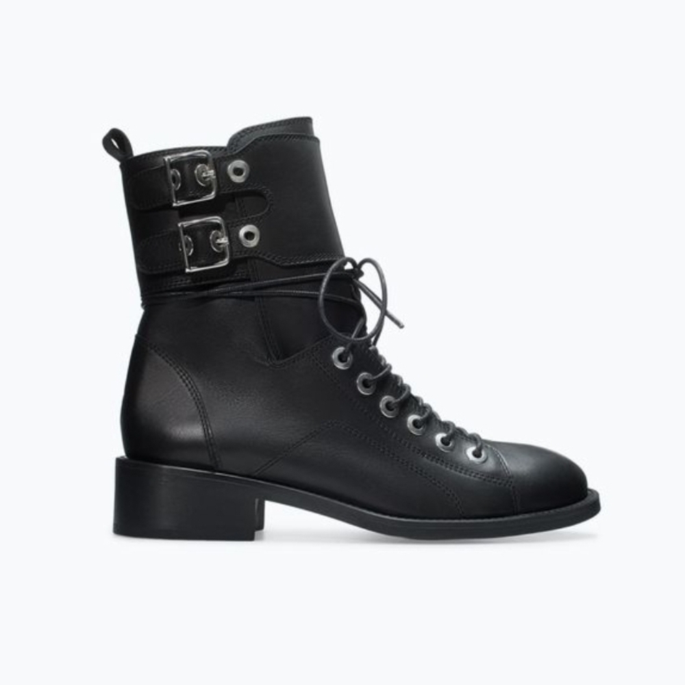 Zara Black Lace-Up Combat Boots with Buckle Straps